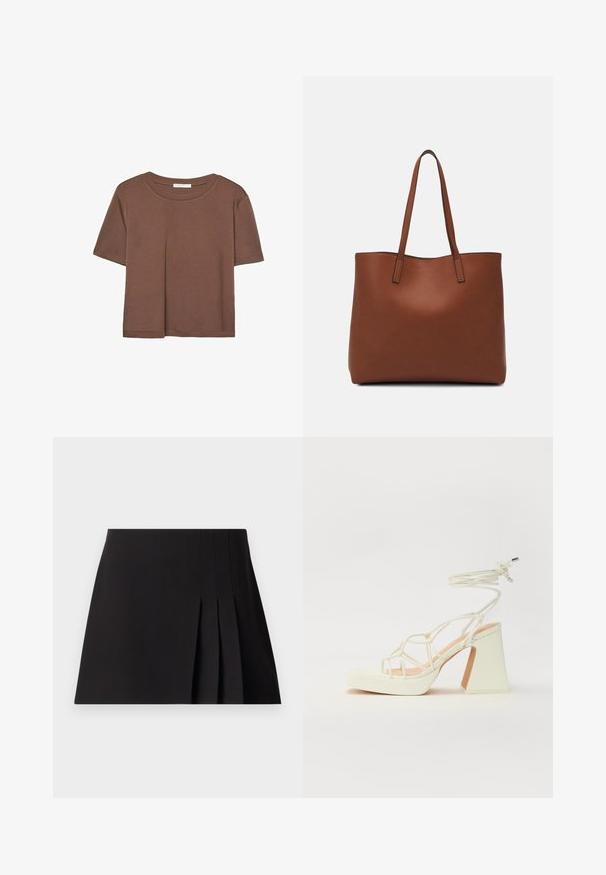 Smeđi kratki rukav majica od mekog materijala, s okruglim izrezom i opuštenim krojem. Nema vidljivih uzoraka ili naglasaka.; Crna plisirana mini suknja izrađena od glatkog materijala. Ima oblikovani pojas i suptilne detalje šivanja duž plisa za dodatnu teksturu.; Bijela sandala na visokoj potpetici s debelim petom, s remenom i vezanjem oko gležnja. Glatka tekstura s platformom sprijeda za dodatnu visinu.; Smeđa kožna torba preko ramena s glatkom teksturom, otvorenim vrhom i dvjema naramenicama. Ima minimalne šavove i nema vidljivog hardvera.