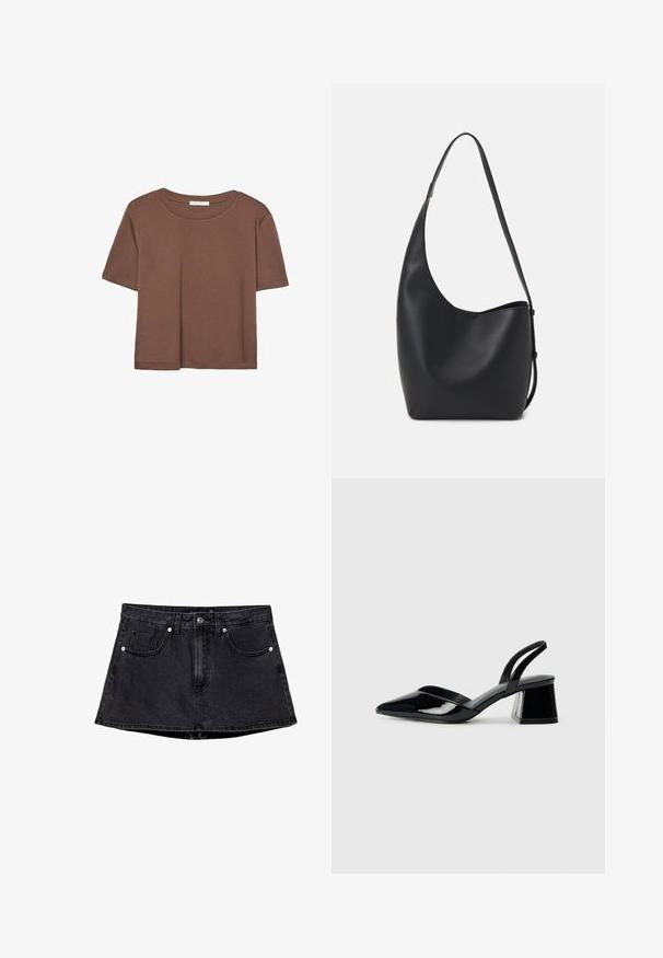 Braunes, kurzärmliges T-Shirt aus weichem Material mit rundem Halsausschnitt und lockerer Passform. Keine sichtbaren Muster oder Akzente.; Schwarzer Jeansrock mit taillierter Taille, Fünf-Taschen-Design, traditionellem Knopf- und Reißverschluss und einem leicht ausgestellten Saum.; Schwarze Lackleder-Slingback-High Heels mit spitzem Schuh und einem geometrischen Blockabsatz. Verfügt über ein schlankes, minimalistisches Design und eine glatte Textur.; Schwarze Leder-Hobo-Tasche mit einer glatten Textur, geschwungener Form und einem einzelnen verstellbaren Tragegurt; verfügt über eine weite Öffnung am oberen Ende.