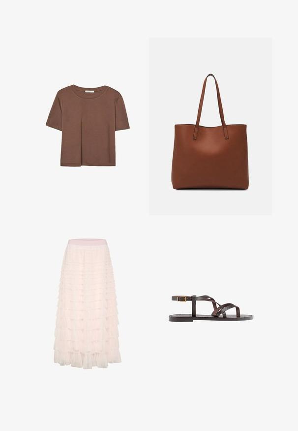 Braunes, kurzärmliges T-Shirt aus weichem Material mit rundem Halsausschnitt und lockerer Passform. Keine sichtbaren Muster oder Akzente.; Cream Faltenrock - sepia rose; Braune Leder-Sandale mit überkreuzten Riemen, einem Knöchelriemen mit Schnalle und einer flachen Sohle mit minimalen Nähdetails.; Braune Leder-Tote mit glatter Textur, offenem Oberteil und zwei Schulterriemen. Verfügt über minimale Nähte und keine sichtbaren Beschläge.