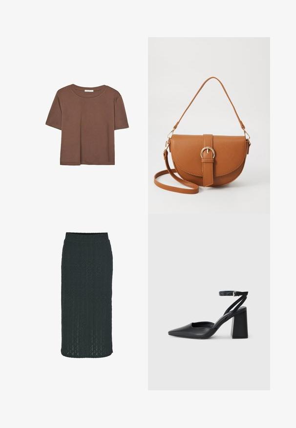 Rjava kratka majica s kratkimi rokavi iz mehkega materiala, s krožnim izrezom in ohlapnim krojem. Brez vidnih vzorcev ali dodatkov.; Krila do kolen, v temno zeleni barvi, izdelana iz teksturirane pletenine s geometrijskim vzorcem in elastičnim pasom za udobje.; Črne usnjene klasične čevlje z ostrim nosom, z zaponko za gleženj in debelim peto. Ravna tekstura, eleganten dizajn in minimalistična estetika.; Rjava usnjena torbica prek telesa s ukrivljeno obliko, zlate opreme in sponko. Ima odstranljiv naramni trak.