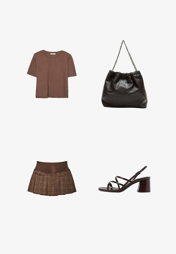 T-shirt marron à manches courtes en tissu doux, avec un col rond et une coupe décontractée. Aucun motif ni accent visible.; Jupe à carreaux bruns avec une ceinture côtelée, dotée de deux poches avant avec des boutons-pression, un design plissé et une finition ajustée.; Sandale à talons hauts marron avec des brides, dotée d'un talon épais, affichant une finition lisse et brillante avec plusieurs brides croisées sur le dessus.; Sac en cuir marron avec un haut froncé et une bandoulière en chaîne. Texture lisse avec une finition brillante et des coutures subtiles sur les côtés.