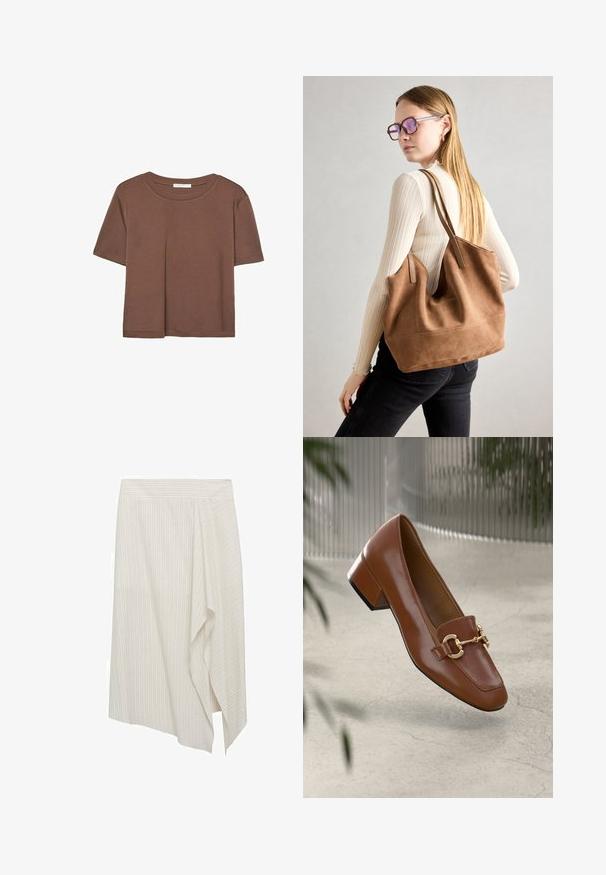 Brun kortärmad t-shirt i mjukt tyg, med rund halsringning och avslappnad passform. Inga synliga mönster eller detaljer.; Asymmetrisk vit kjol med ljusa vertikala ränder, med en draperad design och slät tygtextur. Enkel midjeband, utan dekoration.; Brun lackläder loafer med fyrkantig tå, metallkedja som accent och låg blockklack; slät textur, minimalistisk design.; Brun mocka toteväska med mjuk textur, stor öppning och långa axelremmar. Har en enkel design med synliga sömmar och ingen hårdvara.