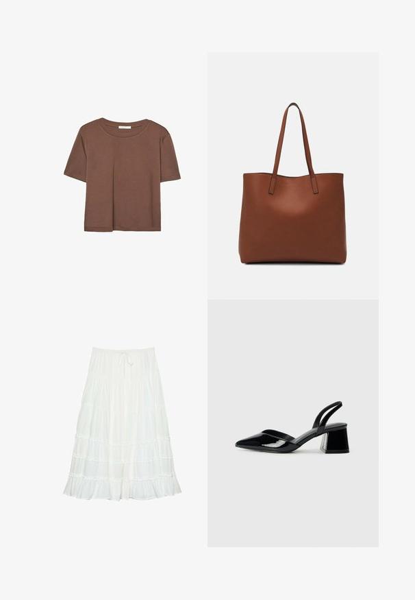 Braunes, kurzärmliges T-Shirt aus weichem Material mit rundem Halsausschnitt und lockerer Passform. Keine sichtbaren Muster oder Akzente.; Weißer, gestufter Rock aus leichtem Stoff, der Rüschendetails an jeder Stufe und einen elastischen Bund mit Kordelzug enthält.; Schwarze Lackleder-Slingback-High Heels mit spitzem Schuh und einem geometrischen Blockabsatz. Verfügt über ein schlankes, minimalistisches Design und eine glatte Textur.; Braune Leder-Tote mit glatter Textur, offenem Oberteil und zwei Schulterriemen. Verfügt über minimale Nähte und keine sichtbaren Beschläge.