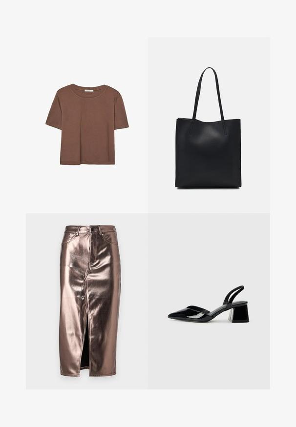 Brun kortärmad t-shirt i mjukt tyg, med rund halsringning och avslappnad passform. Inga synliga mönster eller detaljer.; Metallic bronze midi kjol med en framslits, som har en klassisk denimskärning, fem fickor och en knappstängning i midjan.; Svarta lackläder slingback klackar med spetsig tå och geometrisk klack. Har en elegant, minimalistisk design och slät yta.; Svart lädertoffelväska med slät textur, rektangulär form och två långa handtag. Ingen synlig hårdvara eller dekorationer.