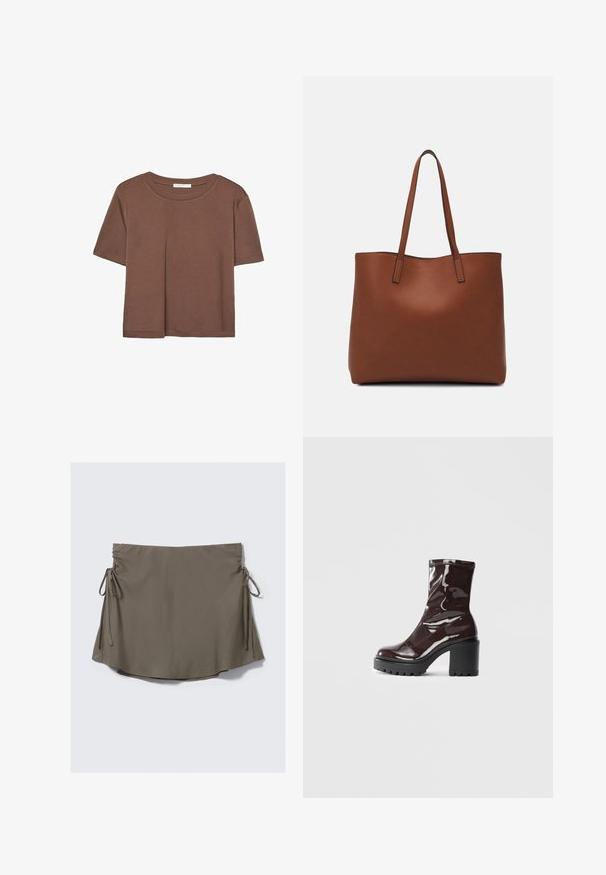 T-shirt marron à manches courtes en tissu doux, avec un col rond et une coupe décontractée. Aucun motif ni accent visible.; Jupe courte marron avec des liens latéraux ajustables et des détails froncés de chaque côté, présentée sur un fond blanc uni.; Bottines bordeaux brillantes à talon épais noir, avec une texture lisse et un design simple. Aucune fermeture visible ni motifs.; Sac fourre-tout en cuir marron avec une texture lisse, design à ouverture supérieure et deux poignées pour le porter à l'épaule. Présente des coutures minimales et aucun matériel visible.