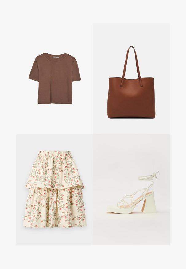 Hnedé tričko s krátkym rukávom vyrobené z jemného materiálu, s okrúhlym výstrihom a voľným strihom. Žiadne viditeľné vzory ani akcenty.; Sukňa vo farbe smotany s viacerými vrstvami, zdobená kvetinovým vzorom červených jahôd a zelených vín. Elastický pás pre pohodlie a dobré nosenie.; Biele sandále na vysokom opätku s hrubým podpätkom, s pruhovaným dizajnom a viazaním na členku. Hladký povrch s platformou vpredu pre zvýšenú výšku.; Hnedá kožená taška na rameno s hladkou textúrou, otvoreným vrchom a dvoma ramenými popruhmi. Má minimálne šitia a žiadne viditeľné kovania.
