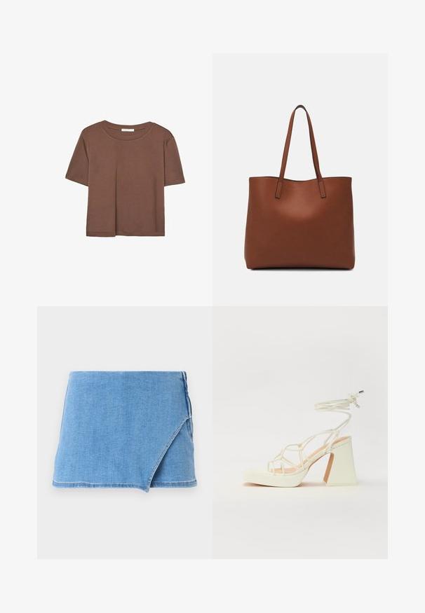 Braunes, kurzärmliges T-Shirt aus weichem Material mit rundem Halsausschnitt und lockerer Passform. Keine sichtbaren Muster oder Akzente.; Hellblauer Jeans-Minirock mit Wickeldesign, fransigem Saum und glatter Textur. Keine zusätzlichen Verzierungen oder Muster.; Weiße High-Heel-Sandale mit einem klobigen Absatz, die über ein Riemchendesign und ein Knöchelband verfügt. Glatte Textur mit einer Plattform vorne für zusätzliche Höhe.; Braune Leder-Tote mit glatter Textur, offenem Oberteil und zwei Schulterriemen. Verfügt über minimale Nähte und keine sichtbaren Beschläge.