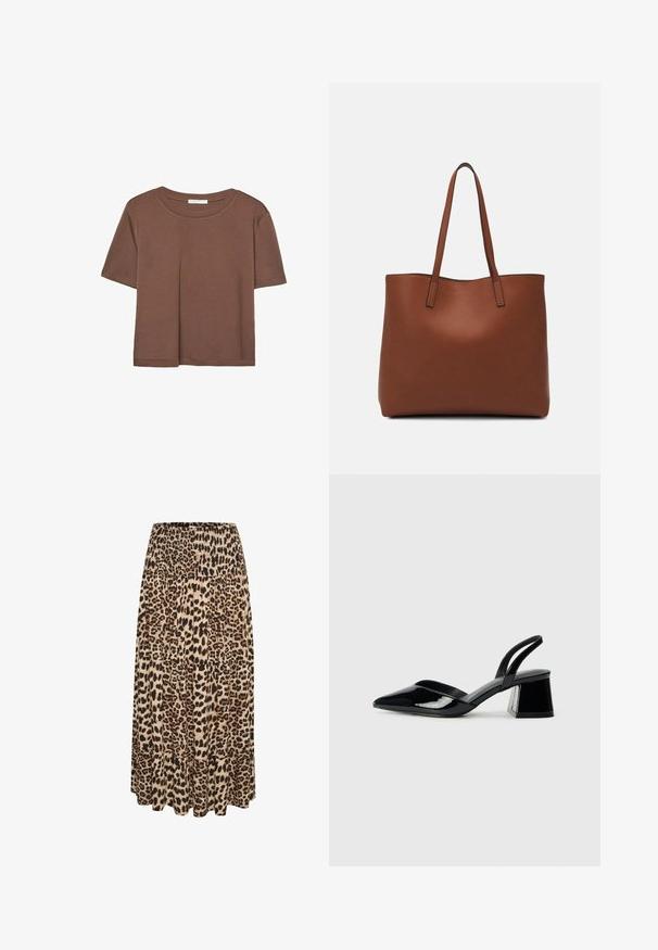 Maglietta a maniche corte marrone realizzata in tessuto morbido, con scollatura rotonda e vestibilità rilassata. Nessun motivo o dettaglio visibile.; Gonna maxi con stampa leopardata, con vita arricciata e orlo a strati di volant, caratterizzata da tonalità di beige, marrone e nero in un tessuto morbido.; Décolleté in vernice nera con punta affusolata e tacco in geometria cubica. Presentano un design elegante e minimalista, con una texture liscia.; Borsa tote in pelle marrone con texture liscia, design con apertura superiore e due spallacci. Presenta cuciture minime e nessun hardware visibile.