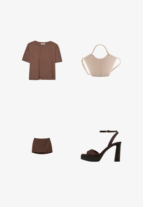 T-shirt marron à manches courtes en tissu doux, avec un col rond et une coupe décontractée. Aucun motif ni accent visible.; Jupe marron en tissu lisse, avec une coupe droite et une fente sur le côté. Design simple sans motifs ni détails métalliques.; Sandale à talons hauts en suede marron avec un bout ouvert, une bride de cheville réglable et une semelle de plateforme rayée.; Sac à main en cuir beige avec une forme unique, doté de deux poignées courtes et d'une longue sangle réglable. Texture lisse avec un minimum de matériel.