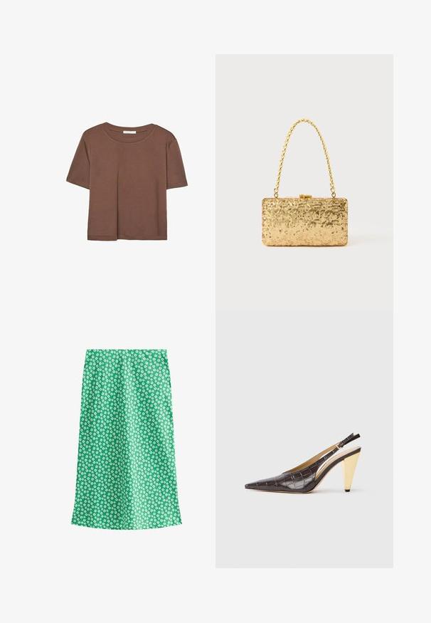 T-shirt marron à manches courtes en tissu doux, avec un col rond et une coupe décontractée. Aucun motif ni accent visible.; Jupe à imprimé floral vert avec une texture légère. Présente de petites fleurs blanches sur un fond uni, conçue dans une silhouette droite.; Talons slingback à bout pointu en simili cuir crocodile marron foncé brillant. Présente un talon géométrique doré et une sangle ajustable à la cheville.; Pochette en sequins dorés de forme rectangulaire, dotée d'une poignée en chaîne torsadée et d'une fermeture à fermoir en métal, réfléchissant la lumière avec une finition texturée.