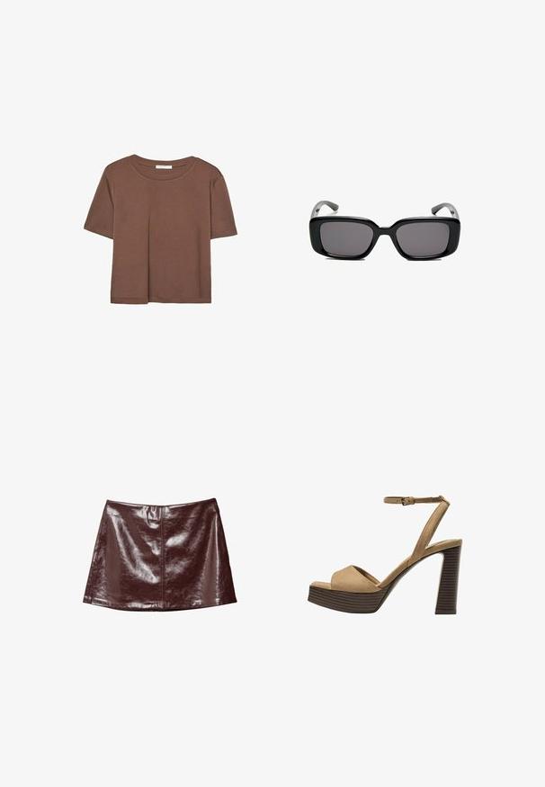 Hnedé tričko s krátkym rukávom vyrobené z jemného materiálu, s okrúhlym výstrihom a voľným strihom. Žiadne viditeľné vzory ani akcenty.; Lesklá tmavohnedá ekologická kožená mini sukňa so stredovým švom a miernym tvarom do A.; Bežové semišové sandále na vysokom opätku s širokým predným pásom a pásikom okolo členka, ktoré majú masívny drevený blokový opätok s textúrovaným povrchom.; Čierne obdĺžnikové slnečné okuliare s tmavými sklami, hladkým plastovým rámom a zakrivenými stranami. Dizajn je robustný s minimalistickou estetikou.