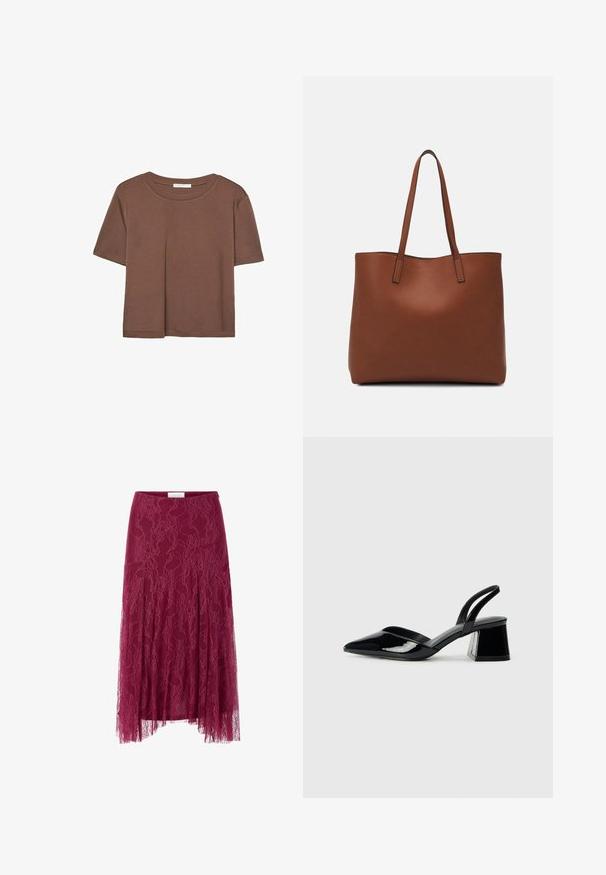 T-shirt marron à manches courtes en tissu doux, avec un col rond et une coupe décontractée. Aucun motif ni accent visible.; Jupe en dentelle bourgogne avec motif floral, superposition en tissu transparent et design plissé. Dispose d'une taille cintrée et d'une silhouette fluide.; Escarpins en cuir verni noir avec bout pointu et talon bloc géométrique. Présente un design élégant et minimaliste ainsi qu'une texture lisse.; Sac fourre-tout en cuir marron avec une texture lisse, design à ouverture supérieure et deux poignées pour le porter à l'épaule. Présente des coutures minimales et aucun matériel visible.