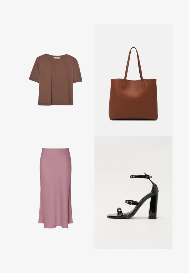 Brun kortärmad t-shirt i mjukt tyg, med rund halsringning och avslappnad passform. Inga synliga mönster eller detaljer.; Rosa, knälång kjol med en strömlinjeformad design, som har en sidslits och en mjuk textur. Tillverkad av mjukt, lättviktigt tyg.; Svarta lackerade klacksandaler med fyrkantig tå, ankelremmar och silverfärgade spännen. Har en kraftig blockklack för stabilitet.; Brun läder tote-väska med en slät textur, öppen toppdesign och två axelremmar. Har minimal söm och ingen synlig metalldetalj.