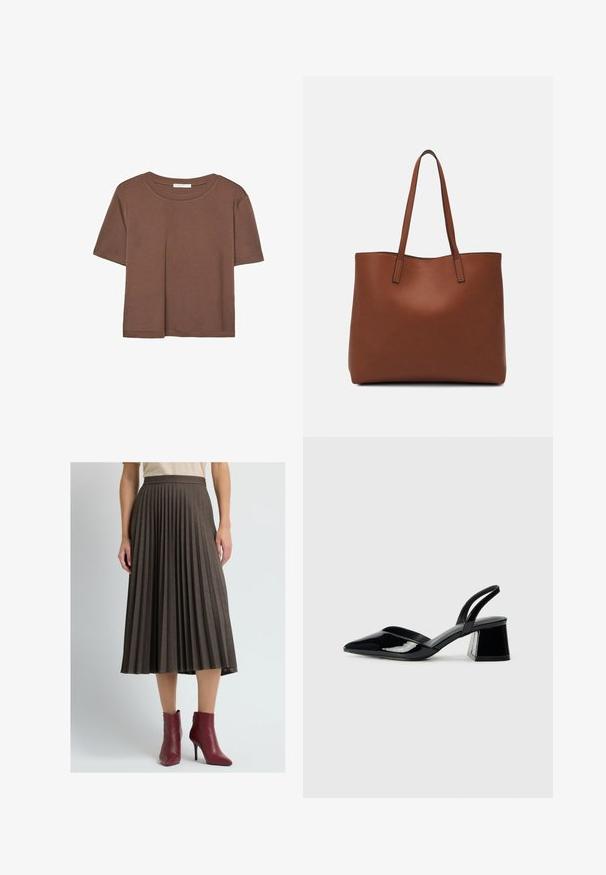 T-shirt marron à manches courtes en tissu doux, avec un col rond et une coupe décontractée. Aucun motif ni accent visible.; Jupe midi plissée marron avec une finition texturée, dotée d'une taille et tombant juste en dessous du mollet, associée à des bottines bordeaux.; Escarpins en cuir verni noir avec bout pointu et talon bloc géométrique. Présente un design élégant et minimaliste ainsi qu'une texture lisse.; Sac fourre-tout en cuir marron avec une texture lisse, design à ouverture supérieure et deux poignées pour le porter à l'épaule. Présente des coutures minimales et aucun matériel visible.
