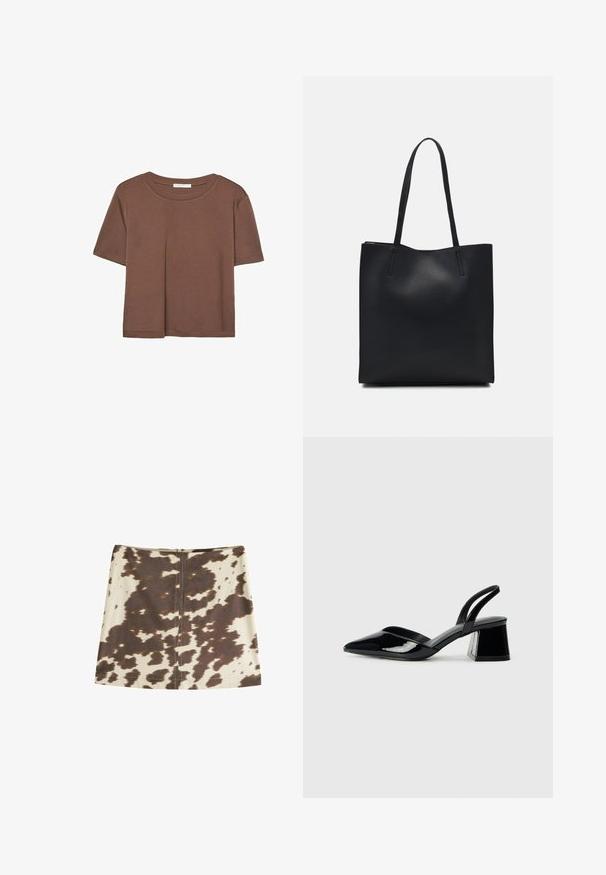 Braunes, kurzärmliges T-Shirt aus weichem Material mit rundem Halsausschnitt und lockerer Passform. Keine sichtbaren Muster oder Akzente.; Minirock mit Kuhmuster in Beige und Braun. Verfügt über einen verdeckten Reißverschluss hinten, glatte Stofftextur und einen geraden, A-linienförmigen Schnitt.; Schwarze Lackleder-Slingback-High Heels mit spitzem Schuh und einem geometrischen Blockabsatz. Verfügt über ein schlankes, minimalistisches Design und eine glatte Textur.; Schwarze Laptoptasche aus Leder mit glatter Textur, rechteckiger Form und zwei langen Griffen. Keine sichtbaren Beschläge oder Verzierungen.