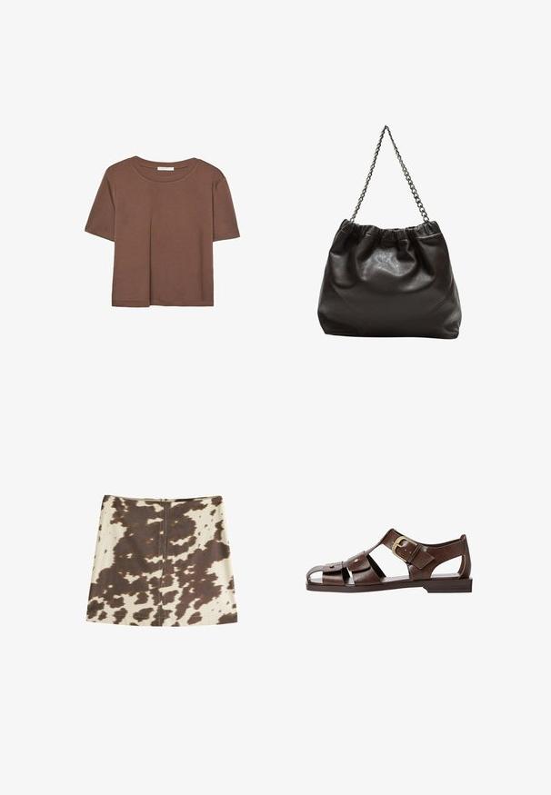 Maglietta a maniche corte marrone realizzata in tessuto morbido, con scollatura rotonda e vestibilità rilassata. Nessun motivo o dettaglio visibile.; Mini gonna a stampa mucca in beige e marrone. Presenta una cerniera invisibile sul retro, una texture di tessuto liscia e un taglio dritto a forma di A.; Sandal in pelle marrone con un design a intaglio, cinturino laterale regolabile e suola piatta, con dettagli metallici e punta aperta.; Borsa in pelle marrone con parte superiore arricciata e tracolla a catena. Texture liscia con finitura lucida e dettagli di cucitura sottili sui lati.