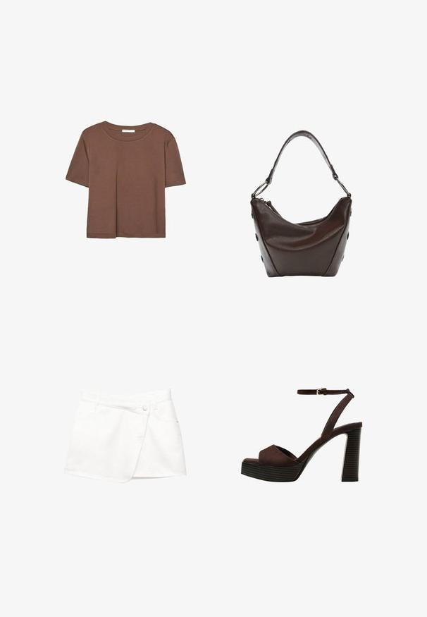 Maglietta a maniche corte marrone realizzata in tessuto morbido, con scollatura rotonda e vestibilità rilassata. Nessun motivo o dettaglio visibile.; Gonna mini in denim bianco con design avvolgente, dotata di chiusura con bottone frontale, due tasche laterali e un tessuto a trama liscia.; Sandal in camoscio marrone con tacco alto, punta aperta, cinturino alla caviglia regolabile e suola a piattaforma striata.; Borsa in pelle marrone scuro con forma curvata, chiusura con zip e manico corto. Caratterizzata da hardware in metallo e bottoni neri decorativi sul lato.