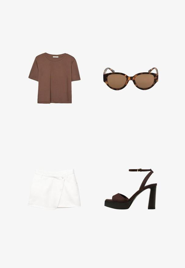 Kahvinsävyinen lyhythihainen t-paita, joka on valmistettu pehmeästä kankaasta. Pyöreä pääntie ja rento malli. Ei näkyviä kuvioita tai koristeita.; Valkoinen denim-minihelma wrap-muotoilulla, jossa on edessä nappisulku, kaksi sivutaskua ja sileä kangas.; Ruske kožne sandale s visokom potpeticom, otvorenim prstima, podesivim kopčanjem oko gležnja i prugastim platformskim đonom.; Ruske tortoiseshell sunčane naočale s mačjim okvirom, smešnim lećama i glatkom teksturom. Okvir ima zakrivljene ručke s suptilnim uzorkom.; Ruskea nahkainen olkalaukku, jossa on sileä pinta, avoin yläosa ja kaksi olkahihnaa. Omaavat vain minimaalisen ompelun eikä näkyvää metalliosaa.