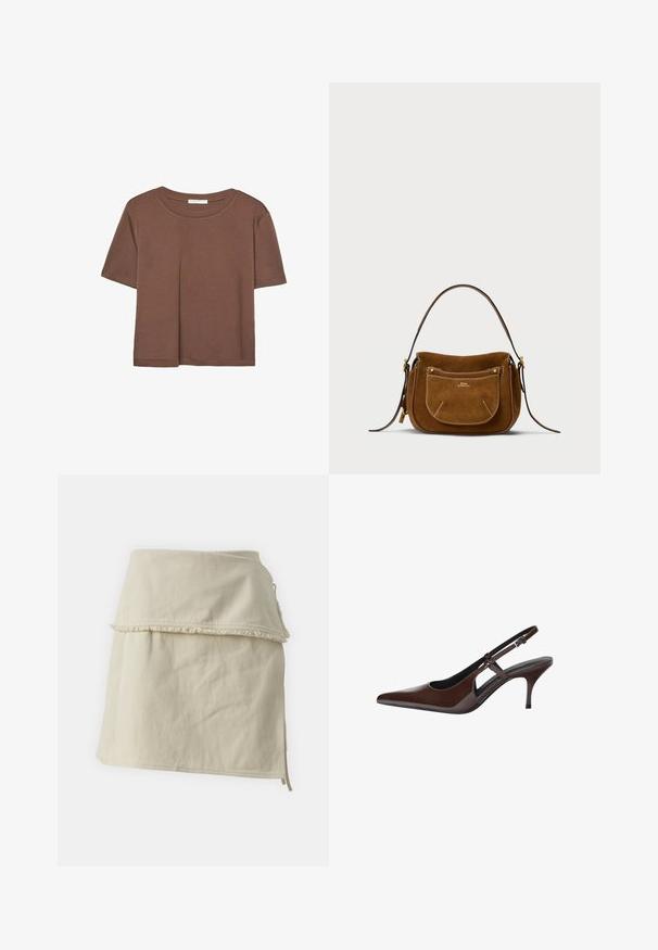 Maglietta a maniche corte marrone realizzata in tessuto morbido, con scollatura rotonda e vestibilità rilassata. Nessun motivo o dettaglio visibile.; Gonna avvolgente beige realizzata in cotone, con un design a strati, orlo sfilacciato e legature laterali per una vestibilità regolabile. Texture morbida in tutto il capo.; Pompa slingback in pelle lucida marrone con punta affusolata, tagli aperti e tacco sottile. Presenta una fascetta con fibbia regolabile.; Borsa a spalla in suede marrone con una forma curvata, cuciture a contrasto, dettagli in metallo dorato e una tasca frontale con zip.