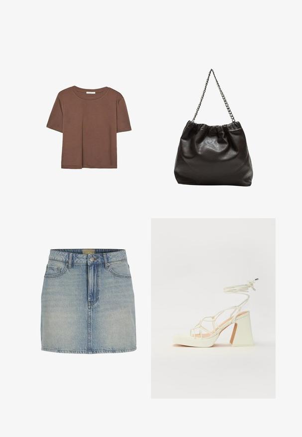 Rjava kratka majica s kratkimi rokavi iz mehkega materiala, s krožnim izrezom in ohlapnim krojem. Brez vidnih vzorcev ali dodatkov.; Svetloljubičasta denim mini krila s pripijenim strukom, prednjim kopčanjem na dugmad, pet džepova i suptilnim izblijedjenjem duž tkanine.; Bela sandala na visokih petah s debelim petam, ki ima obliko trakcev in vezanje okoli gležnja. Gladka tekstura z platformo spredaj za dodatno višino.; Rjava usnjena torba z nabranim vrhom in verižnim trakom. Gladka tekstura z sijajno površino in subtilnimi šivi na straneh.