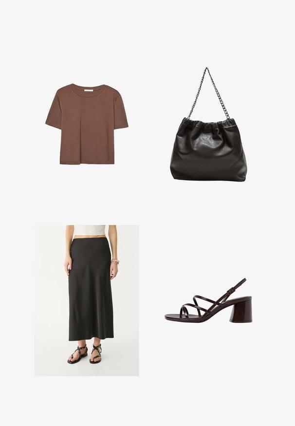 Smeđi kratki rukav majica od mekog materijala, s okruglim izrezom i opuštenim krojem. Nema vidljivih uzoraka ili naglasaka.; Crna suknja do poda napravljena od glatkog materijala s prilagođenim strukom. Uparena s crnim sandalama s remenčićima koje imaju metalne detalje.; Smeđe sandale na visokoj potpetici s debelom potpeticom, s glatkim, sjajnim završetkom i višestrukim ukrštanjem trakica na gornjem dijelu.; Smeđa kožna torba s naboranim vrhom i lančićem za nošenje. Glatka tekstura s sjajnim završetkom i suptilnim šavnim detaljima sa strane.