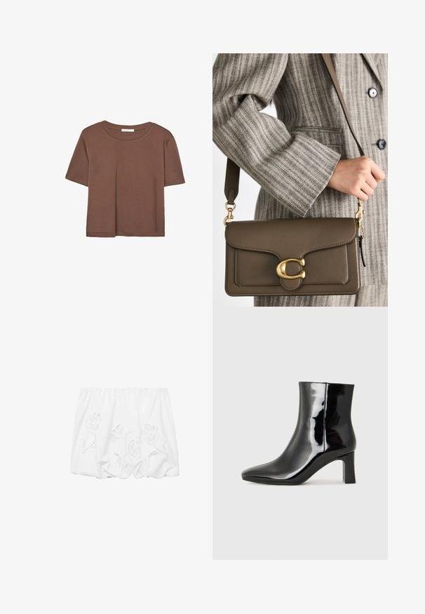 Braunes, kurzärmliges T-Shirt aus weichem Material mit rundem Halsausschnitt und lockerer Passform. Keine sichtbaren Muster oder Akzente.; Weißes, schulterfreies Oberteil aus leichtem Stoff mit floraler Stickerei und gerafftem Design entlang des elastischen Halsausschnitts.; Schwarzer Lackleder-Stiefelette mit spitzer Zehe und einem mittelhohen Blockabsatz. Glatte Textur und minimalistisches Design.; COACH TABBY SHOULDER BAG 26 - Handtasche - dark stone