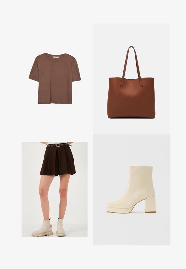 Hnědé tričko s krátkým rukávem vyrobené z měkké látky, s kulatým výstřihem a volným střihem. Bez viditelných vzorů nebo dekorací.; Hnědá plisovaná sukně s úzkým pasem a kontrastním hnědým opaskem se zlatou sponou. Nosená s béžovými kotníkovými botami.; Béžová kožená kotníková bota s blokovým podpatkem a platformovou podrážkou, hladký povrch a mírně čtvercová špička, otočená vlevo na bílém pozadí.; Hnědá kožená taška přes rameno s hladkou texturou, otevřeným designem a dvěma ramenními popruhy. Obsahuje minimální švy a žádné viditelné kovové prvky.