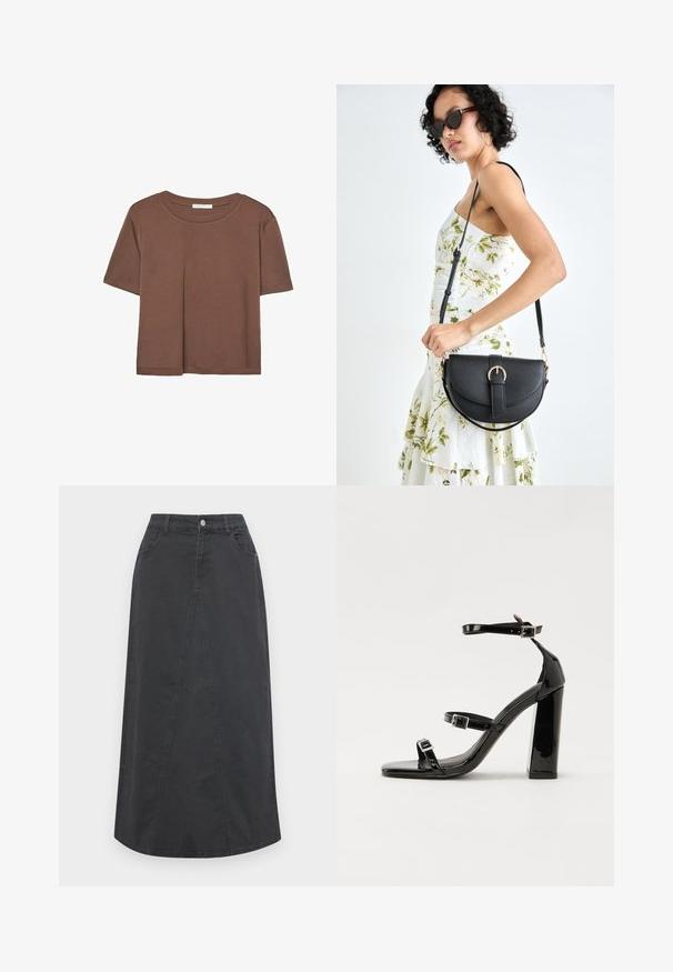 Kahvinsävyinen lyhythihainen t-paita, joka on valmistettu pehmeästä kankaasta. Pyöreä pääntie ja rento malli. Ei näkyviä kuvioita tai koristeita.; Mustat farkuhame, jossa on suora leikkaus, etupaneelin yksityiskohta, kaksi taskua, vyölenkit ja nappikiinnitys vyötäröllä.; Musta kiiltävä korkokenkä sandaalit neliönmuotoisella varpaalla, nilkkaremmillä ja hopeisilla soljilla. Varustettu tukevalla lohkokorkealla vakauden takaamiseksi.; Musta nahkainen käsilaukku, joka on kaareva muotoilultaan, irrotettavalla hihnalla ja kultaisilla yksityiskohdilla. Laukussa on läppä, jossa on solk yksityiskohta.