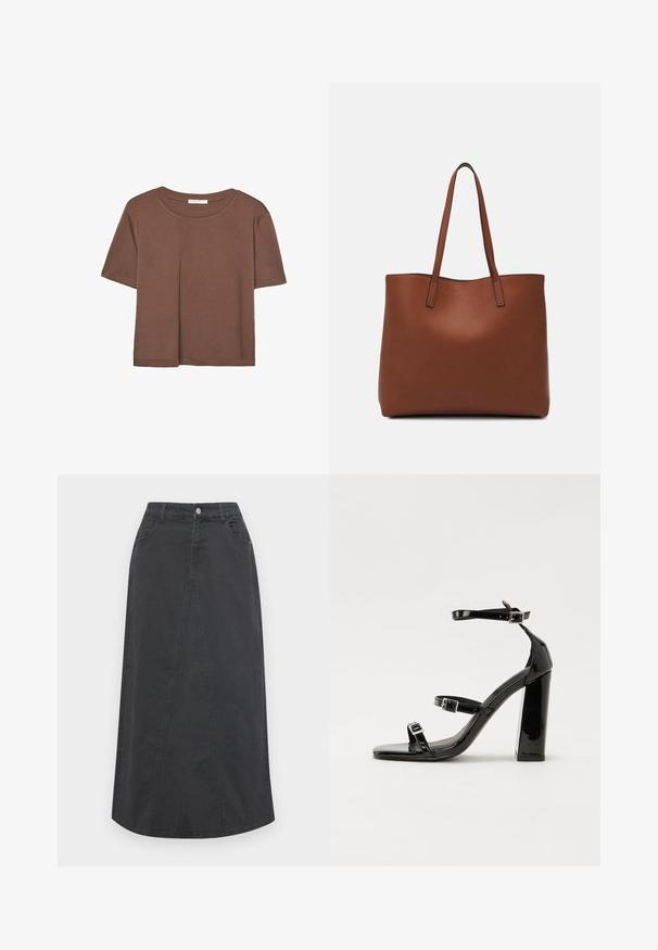 Smeđi kratki rukav majica od mekog materijala, s okruglim izrezom i opuštenim krojem. Nema vidljivih uzoraka ili naglasaka.; Crna traper suknja ravnog kroja, s prednjim detaljem, dva džepa, petlje za remen i kopčom na prednjem dijelu struka.; Crne lakirane sandale na pete sa kvadratnim nosom, trakama oko gležnja i srebrnim kopčama. Imaju čvrst blok petu za stabilnost.; Smeđa kožna torba preko ramena s glatkom teksturom, otvorenim vrhom i dvjema naramenicama. Ima minimalne šavove i nema vidljivog hardvera.