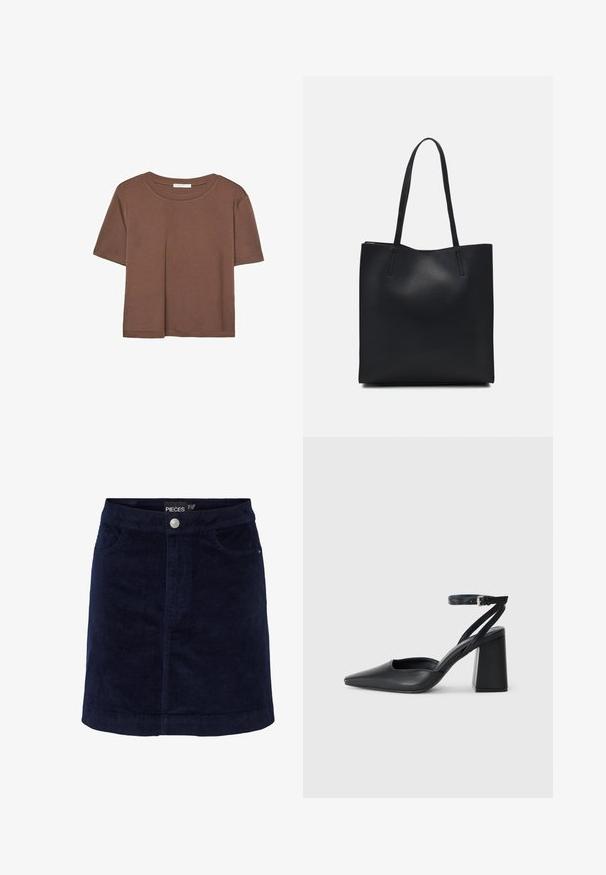 Rjava kratka majica s kratkimi rokavi iz mehkega materiala, s krožnim izrezom in ohlapnim krojem. Brez vidnih vzorcev ali dodatkov.; Navy modra kordna mini krila z rahlim A-linijskim oblikom, z zapiranjem na gumbe spredaj in dvema sprednjima žepoma. Gladka tekstura z vidnimi rebri.; Črne usnjene klasične čevlje z ostrim nosom, z zaponko za gleženj in debelim peto. Ravna tekstura, eleganten dizajn in minimalistična estetika.; Črna usnjena torba s svilnato teksturo, pravokotne oblike in dvema dolgima ročajema. Brez vidnih metalnih delov ali okrasnih elementov.