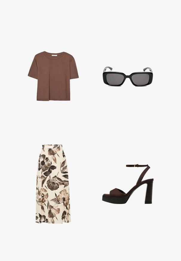 Korte mouwen T-shirt in bruin, gemaakt van een zachte stof, met een ronde halslijn en een relaxte pasvorm. Geen zichtbare patronen of accenten.; Maxirok met bloemenpatroon in crème, met bruine en zwarte bloemen en groene bladeren. Gemaakt van lichtgewicht stof met een relaxte pasvorm.; Bruine suède high-heeled sandaal met een open teen, verstelbare enkelband en een gestreepte plateauzool.; Zwarte rechthoekige zonnebril met donkere lenzen, een gladde kunststof montuur en gebogen pootjes. Het ontwerp is robuust met een minimalistische esthetiek.