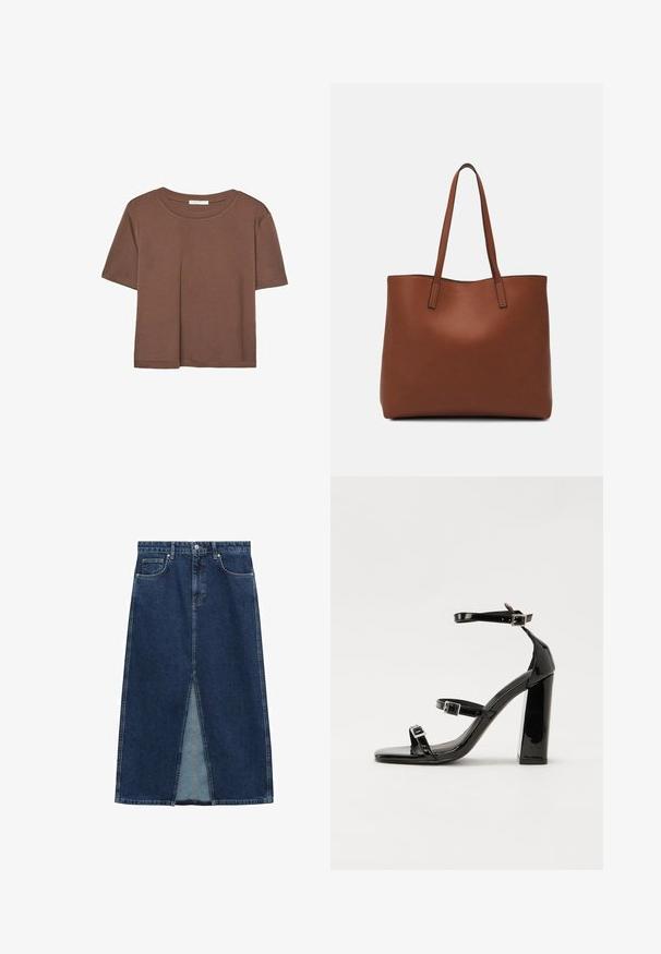 Maglietta a maniche corte marrone realizzata in tessuto morbido, con scollatura rotonda e vestibilità rilassata. Nessun motivo o dettaglio visibile.; Gonna di jeans con vita alta, spacco frontale e due tasche anteriori. Colore blu scuro con texture liscia e design casual.; Sandali con tacco in vernice nera, con punta squadrata, cinturini alla caviglia e fibbie in argento. Presentano un tacco a blocco spesso per maggiore stabilità.; Borsa tote in pelle marrone con texture liscia, design con apertura superiore e due spallacci. Presenta cuciture minime e nessun hardware visibile.