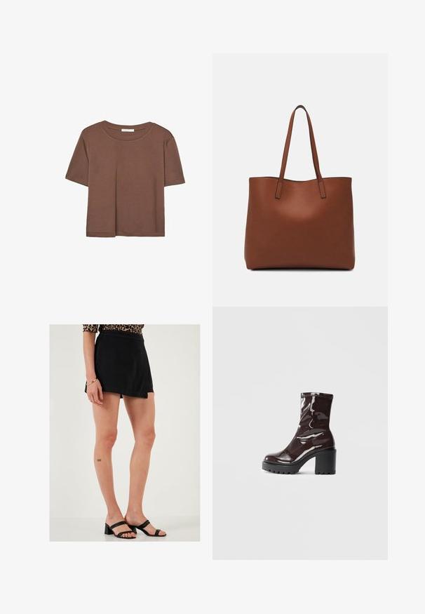 Braunes, kurzärmliges T-Shirt aus weichem Material mit rundem Halsausschnitt und lockerer Passform. Keine sichtbaren Muster oder Akzente.; LELA Shorts - black; Glatte bordeauxrote Ankle Boots mit einem klobigen schwarzen Absatz, die eine glatte Oberfläche und ein einfaches Design aufweisen. Keine sichtbaren Verschlüsse oder Muster.; Braune Leder-Tote mit glatter Textur, offenem Oberteil und zwei Schulterriemen. Verfügt über minimale Nähte und keine sichtbaren Beschläge.