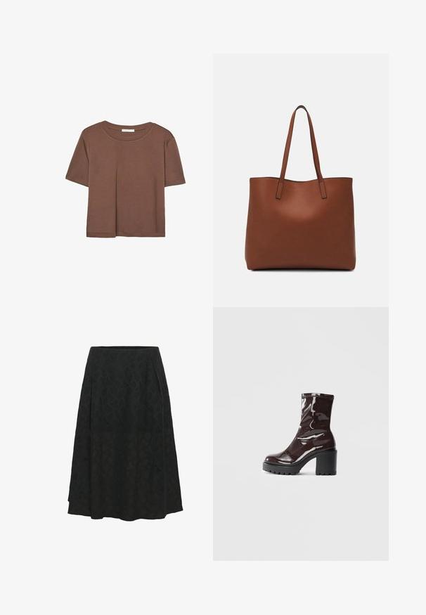 Maglietta a maniche corte marrone realizzata in tessuto morbido, con scollatura rotonda e vestibilità rilassata. Nessun motivo o dettaglio visibile.; Gonna nera realizzata in tessuto texturizzato con un sottile motivo geometrico, dal design svasato e con pieghe per maggiore volume.; Stivale alla caviglia bordeaux lucido con un tacco spesso nero, caratterizzato da una superficie liscia e un design semplice. Nessuna chiusura visibile o motivo.; Borsa tote in pelle marrone con texture liscia, design con apertura superiore e due spallacci. Presenta cuciture minime e nessun hardware visibile.