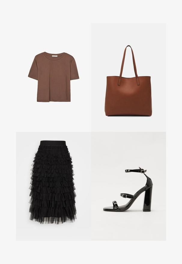 Braunes, kurzärmliges T-Shirt aus weichem Material mit rundem Halsausschnitt und lockerer Passform. Keine sichtbaren Muster oder Akzente.; Schwarzer Stufenrock mit dehnbarem Taillenbund, mehreren Lagen geraffter Rüschen und einer weichen Tüllstruktur, die Volumen und Bewegung erzeugt.; Schwarze patentierte Sandalen mit Absatz, quadratischer Spitze, Knöchelriemen und silbernen Schnallen. Mit einem stabilen Blockabsatz für mehr Stabilität.; Braune Leder-Tote mit glatter Textur, offenem Oberteil und zwei Schulterriemen. Verfügt über minimale Nähte und keine sichtbaren Beschläge.