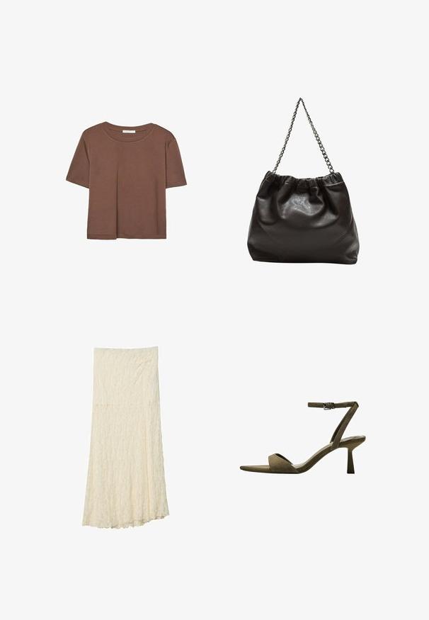 Smeđi kratki rukav majica od mekog materijala, s okruglim izrezom i opuštenim krojem. Nema vidljivih uzoraka ili naglasaka.; Čipkasta maksi suknja u boji slonovače, s teksturiranim cvjetnim uzorkom, uskim strukom i lepršavim siluetom s lagano raširenim rubom.; Bershka WITH ANKLE STRAP - Sandale - mottled green; Smeđa kožna torba s naboranim vrhom i lančićem za nošenje. Glatka tekstura s sjajnim završetkom i suptilnim šavnim detaljima sa strane.