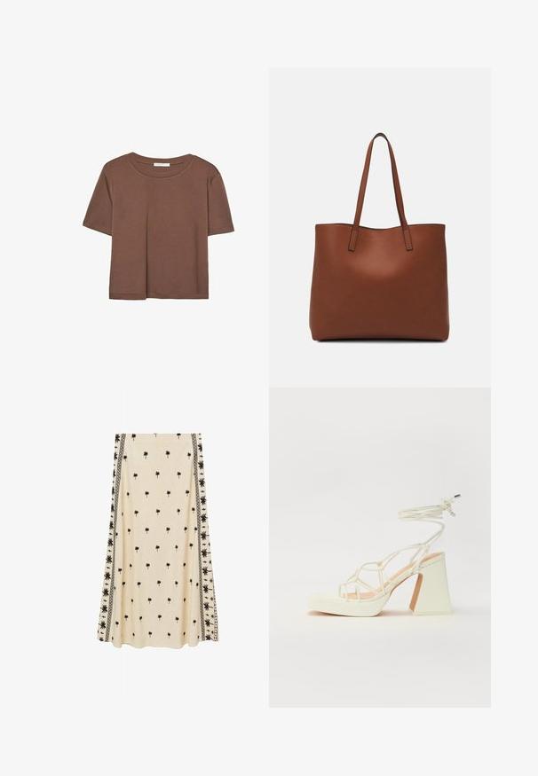 Kahvinsävyinen lyhythihainen t-paita, joka on valmistettu pehmeästä kankaasta. Pyöreä pääntie ja rento malli. Ei näkyviä kuvioita tai koristeita.; Kreemivärvi seelik väikese musta palmipuu mustriga, millel on keerukad mustad servamustrid külgedel, valmistatud kergest kangast.; Valkoinen korkokenkä, jossa on paksu korko, ja joka sisältää nauhakiinnityksen ja nilkkaketjun. Sujuva pinta, jossa on platform-etupohja lisäkorkeutta varten.; Ruskea nahkainen olkalaukku, jossa on sileä pinta, avoin yläosa ja kaksi olkahihnaa. Omaavat vain minimaalisen ompelun eikä näkyvää metalliosaa.