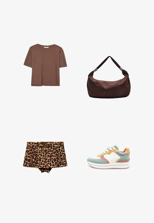Kahvinsävyinen lyhythihainen t-paita, joka on valmistettu pehmeästä kankaasta. Pyöreä pääntie ja rento malli. Ei näkyviä kuvioita tai koristeita.; Mango Shortsit - brown; Monivärinen lenkkari, jossa on valkoinen nahkapinta mintunvihreillä, vaaleanpunaisilla ja keltaisilla yksityiskohdilla, teksturoitu yksityiskohta ja paksu valkoinen pohja.; Ruskea mokkanahkainen olkalaukku, jossa on vetoketjukiinnitys, ja jossa on kierrätetty hihna, jota koristavat metalliset yksityiskohdat turvallista kantamista varten.