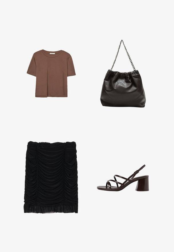 Kahvinsävyinen lyhythihainen t-paita, joka on valmistettu pehmeästä kankaasta. Pyöreä pääntie ja rento malli. Ei näkyviä kuvioita tai koristeita.; Hame mini musta, jossa on kerätystä kankaasta valmistettu rypytetty muotoilu ja röyhelöhelma. Valmistettu pehmeästä materiaalista, jossa on sileä pinta.; Ruske sandale na petu s sjajnom površinom, koje imaju više tankih remena i čvrst blok potplat za stabilnost.; Ruskea nahkainen laukku, jossa on kerätty yläosa ja ketjuhihna. Tasainen pinta, jossa kiiltävä viimeistely ja hienovaraiset sauman yksityiskohdat sivuilla.
