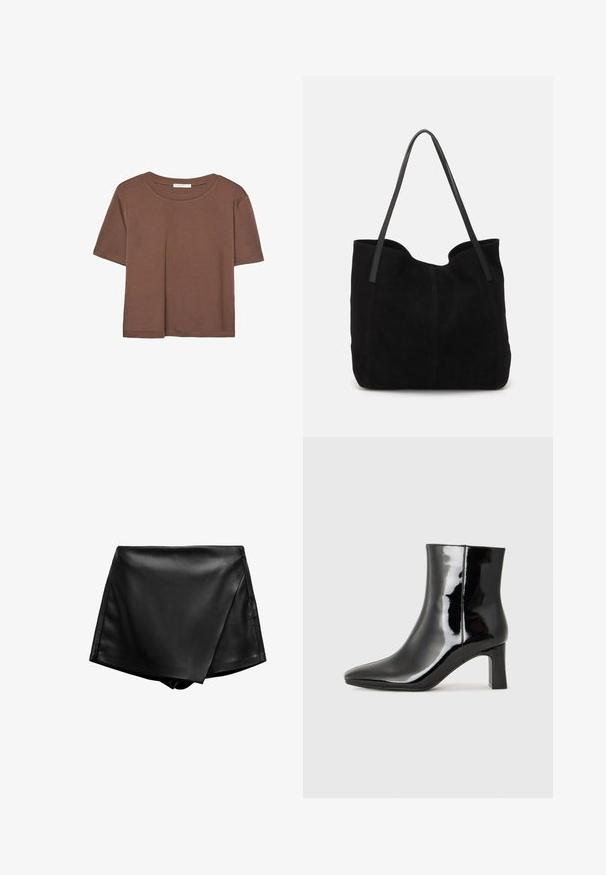 Braunes, kurzärmliges T-Shirt aus weichem Material mit rundem Halsausschnitt und lockerer Passform. Keine sichtbaren Muster oder Akzente.; Schwarze, kunstlederne Shorts mit hoher Taille und gewickeltem Design sowie glatter Textur. Hat klare Linien und keine sichtbaren Verschlüsse.; Schwarzer Lackleder-Stiefelette mit spitzer Zehe und einem mittelhohen Blockabsatz. Glatte Textur und minimalistisches Design.; Schwarze Wildleder-Umhängetasche mit zwei langen, flachen Ledergriffen. Sie verfügt über eine gewölbte obere Kante und sichtbare Nähte auf der Vorderseite. Keine Hardware-Details.