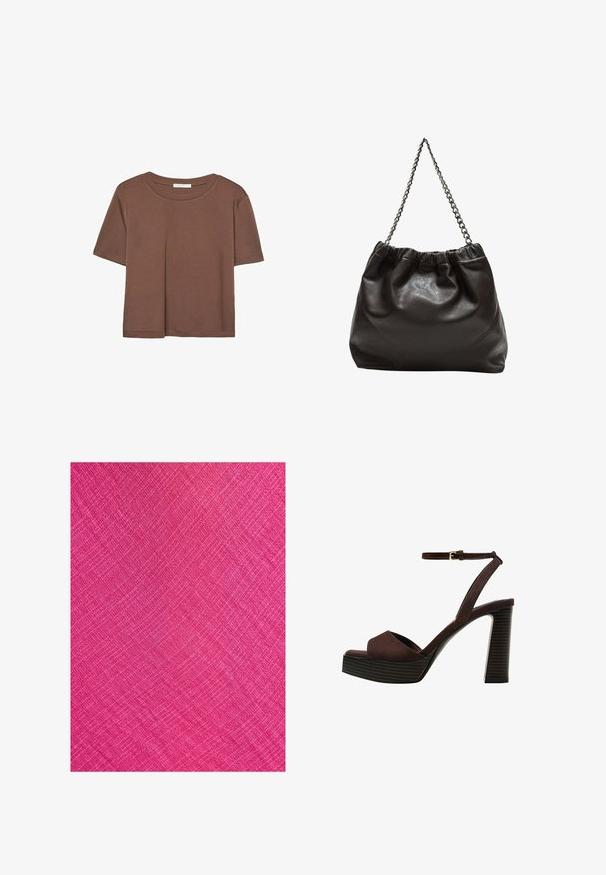 T-shirt marron à manches courtes en tissu doux, avec un col rond et une coupe décontractée. Aucun motif ni accent visible.; Tissu rose vif avec une surface texturée, présentant un motif diagonal et de fines lignes créant une apparence tissée.; Sandale à talons hauts en suede marron avec un bout ouvert, une bride de cheville réglable et une semelle de plateforme rayée.; Sac en cuir marron avec un haut froncé et une bandoulière en chaîne. Texture lisse avec une finition brillante et des coutures subtiles sur les côtés.