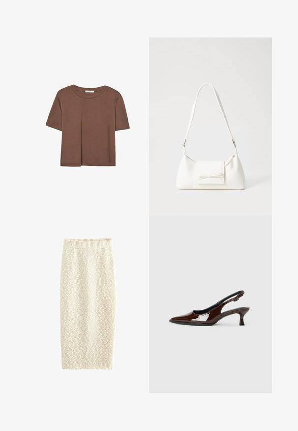 Hnědé tričko s krátkým rukávem vyrobené z měkké látky, s kulatým výstřihem a volným střihem. Bez viditelných vzorů nebo dekorací.; Pletená tužková sukně v krémové barvě s texturovaným povrchem, elastickým pasem a přiléhavým střihem, navržená pro elegantní vzhled.; Hnědé lakované kožené slingback boty s špičatou špičkou a mírným podpatkem. Disponují přezkou pro bezpečné upevnění. Hladký povrch.; Bílá syntetická kabelka v trojúhelníkovém tvaru, s plochým předním klopným víkem a detailem mašle, nastavitelným popruhem, hladkým povrchem a minimalistickým designem.