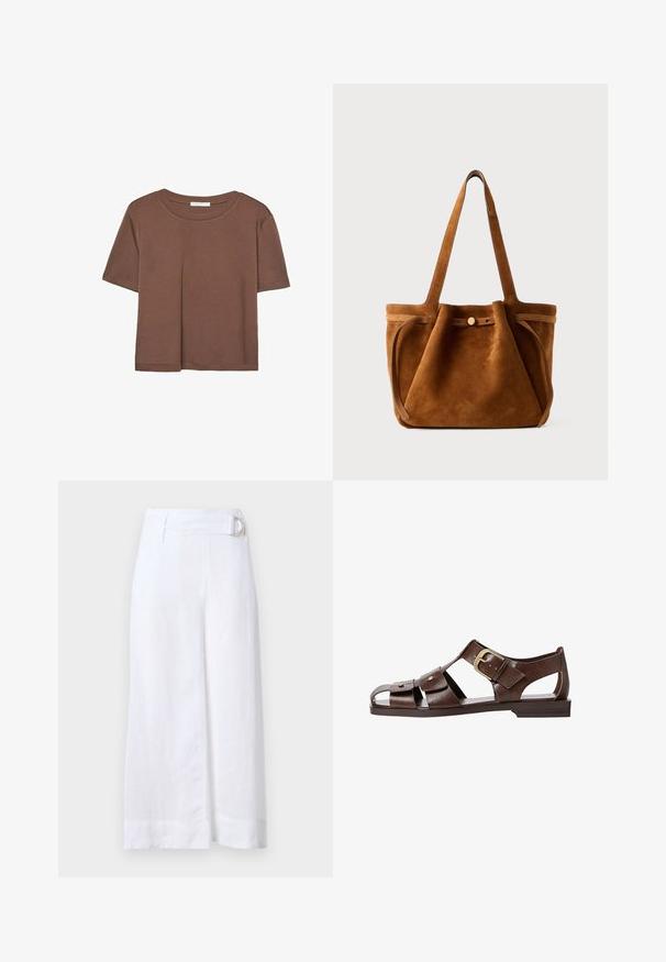 T-shirt marron à manches courtes en tissu doux, avec un col rond et une coupe décontractée. Aucun motif ni accent visible.; Culottes en lin blanc avec une coupe évasée, dotées d'une ceinture avec une boucle en métal circulaire et de plis plats à l'avant.; Sandale en cuir brun avec un design découpé, boucle ajustable sur le côté et semelle plate, avec des accents en métal et une ouverture au niveau des orteils.; Sac fourre-tout en suede marron avec doubles poignées, un strap de fermeture à bouton et une forme décontractée, légèrement affaissée.