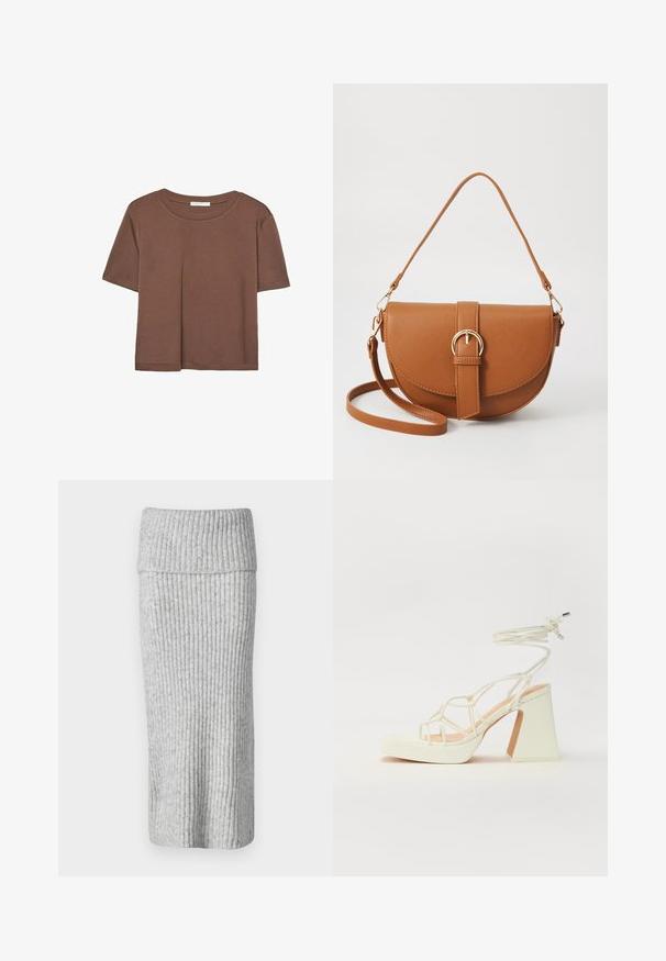 Brązowa koszulka z krótkim rękawem, wykonana z miękkiego materiału, z okrągłym dekoltem i luźnym krojem. Brak widocznych wzorów lub akcentów.; Gina Tricot - Długa spódnica; Biała sandał na wysokim obcasie z masywnym słupkiem, z paskowym wzorem i wiązaniem przy kostce. Gładka faktura z platformą z przodu dla dodatkowej wysokości.; Brązowa skórzana torba na ramię o zaokrąglonym kształcie, ze złotymi akcentami i zapięciem w formie klamry. Posiada odpinany pasek na ramię.
