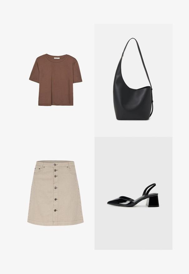 Rjava kratka majica s kratkimi rokavi iz mehkega materiala, s krožnim izrezom in ohlapnim krojem. Brez vidnih vzorcev ali dodatkov.; Bež kratischani jeans krilo s razširjeno obliko, ki ima sprednje zapiranje na gumbe, dve stranski žepi in subtilne šivane detajle.; Črne lakirane slingback pete s koničastim nosom in geometrijsko blokasto peto. Imajo eleganten, minimalističen dizajn in gladko teksturo.; Črna usnjena hobo torba z gladko teksturo, ukrivljeno obliko in eno nastavljivo naramnico; ima širok odprtina na vrhu.