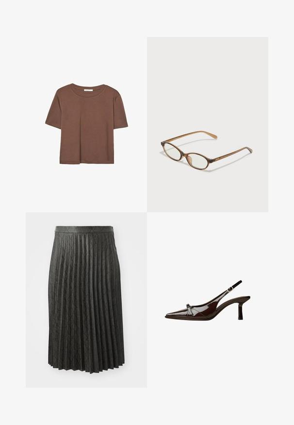 Hnědé tričko s krátkým rukávem vyrobené z měkké látky, s kulatým výstřihem a volným střihem. Bez viditelných vzorů nebo dekorací.; Černá plisovaná sukně vyrobená z texturované látky, s vzorovaným designem a jednobarevným pasem, s délkou do poloviny stehna.; Hnědé lakované sandály s špičatou špičkou, nízkým podpatkem a dekorativní mašlí na přední části. Hladký, lesklý povrch.; Hnědé želvovinové brýle s oválnými skly, tenkými bočními nohami a průhlednými akcenty. Obsahují decentní logo na stranu. Elegantní, lehký design.; Burgundská kožená kabelka s měkkým, nabíraným designem a zaobleným tvarem. Ucho je zajištěné a vykazuje hladkou texturu.