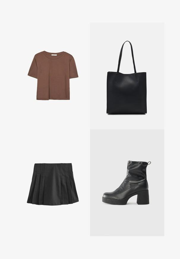 Maglietta a maniche corte marrone realizzata in tessuto morbido, con scollatura rotonda e vestibilità rilassata. Nessun motivo o dettaglio visibile.; Gonna mini plissettata nera con vita elastica. Realizzata in tessuto morbido, presenta molteplici pieghe verticali per texture e design.; Stivali neri alla caviglia in pelle liscia, con zip laterale, tacco spesso e texture, e punta arrotondata.; Borsa tote in pelle nera con texture liscia, forma rettangolare e due manici lunghi. Nessun hardware o decorazione visibile.