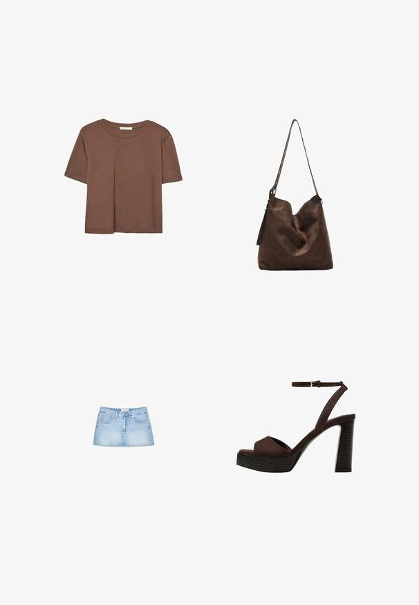 Brun kortärmad t-shirt i mjukt tyg, med rund halsringning och avslappnad passform. Inga synliga mönster eller detaljer.; Denim minikjol i ljusblått, med rak passform, fem fickor och knappstängning fram med bälteshällor. Slät yta.; Bruna mocka högklackade sandaler med öppen tå, justerbar vristrem och en randig plattformssula.; Brun mockaskinn hobo-väska med en rundad topp, ett långt band med prickiga detaljer och en mjuk textur. Har en slapp design för avslappnad användning.