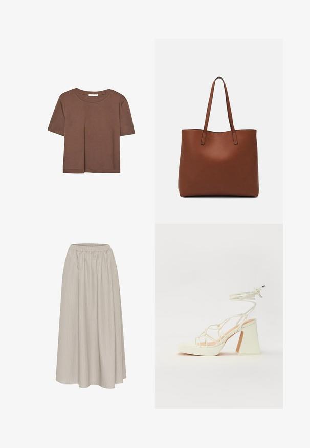 Brun kortärmad t-shirt i mjukt tyg, med rund halsringning och avslappnad passform. Inga synliga mönster eller detaljer.; Ljusgrå midi kjol med elastisk midja, som har subtila vertikala ränder och en flödande, mjuk textur.; Vit högklackad sandal med en kraftig klack, med ett remdesign och ankelband. Slät textur med en plattform framtill för ökad höjd.; Brun läder tote-väska med en slät textur, öppen toppdesign och två axelremmar. Har minimal söm och ingen synlig metalldetalj.
