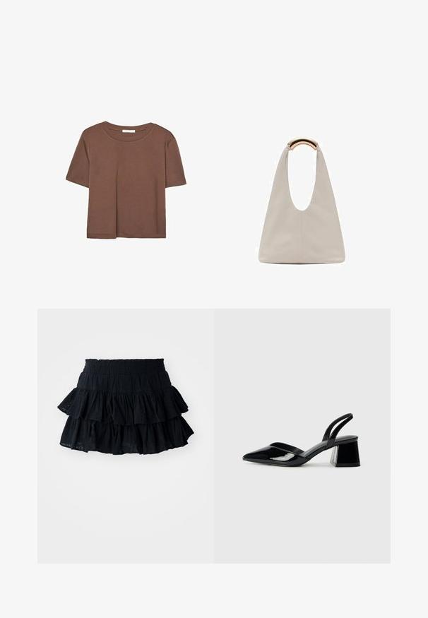 Smeđi kratki rukav majica od mekog materijala, s okruglim izrezom i opuštenim krojem. Nema vidljivih uzoraka ili naglasaka.; Crna suknja s više slojeva koja se sastoji od tri sloja, izrađena od teksturiranog materijala s suptilnim uzorkom. Elastična vrata za udobnost.; Crne lakirane kožne sandale s otvorenom petom i špicastim vrhom, s geometrijskom blok petom. Imaju elegantan, minimalistički dizajn i glatku teksturu.; Svijetlosivi kožni torba s oblikom u slovo U i zakrivljenim metalnim drškom. Glatka tekstura s minimalnim šavovima i bez vidljivih uzoraka.